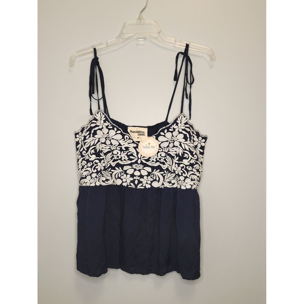 Savanna Jane Navy Floral Embroidered Tie-Strap Tank Top Size Medium NWT